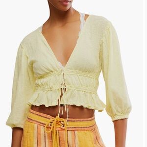 NWT Free People Light Yellow Linen and Cotton Top-Size Medium